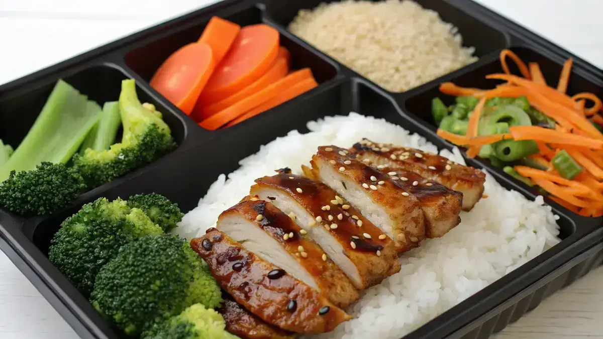 Delicious teriyaki bento box with glazed chicken, rice, broccoli, and carrots.