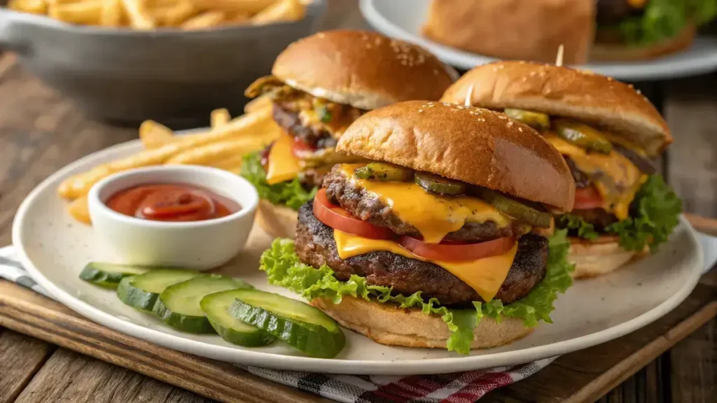 Delicious brisket burgers with melted cheese and fresh toppings on a wooden table.