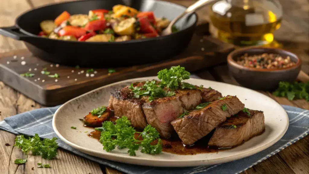 Delicious chopped sirloin garnished with parsley on a wooden table.