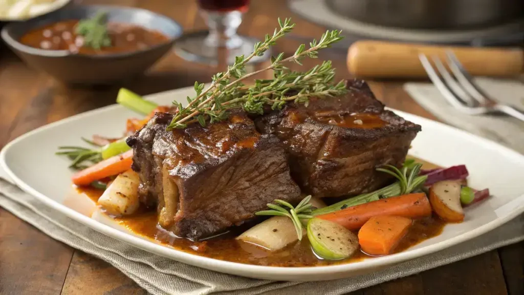 Delicious English cut short ribs served with a rich sauce and sautéed vegetables.