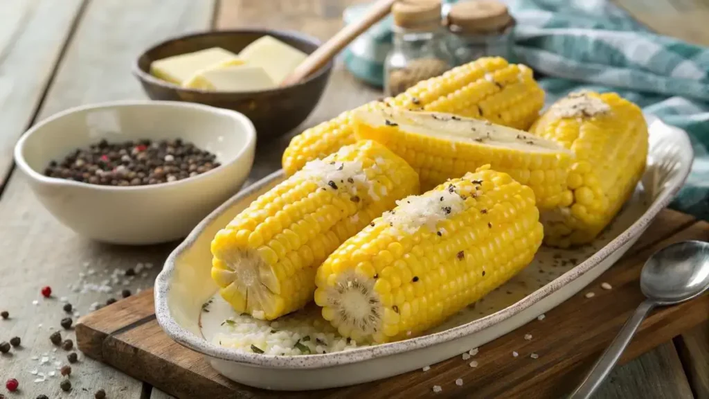 Delicious frozen corn on the cob brushed with butter and sprinkled with black pepper on a white plate.