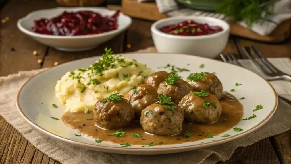 Delicious Swedish meatballs served with creamy sauce and lingonberry jam on a wooden table.