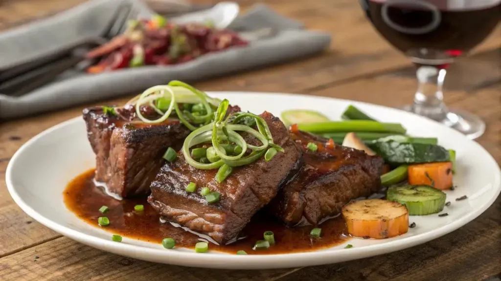 Delicious wagyu short ribs served with sauce and garnished with green onions and sesame seeds.