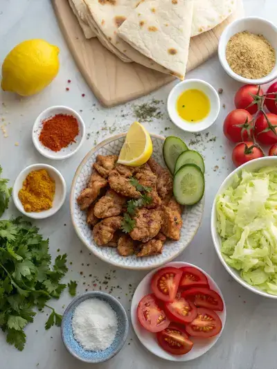 Ingredients for shawarma and grill displayed on a kitchen table, including marinated chicken, spices, fresh vegetables, and pita bread.