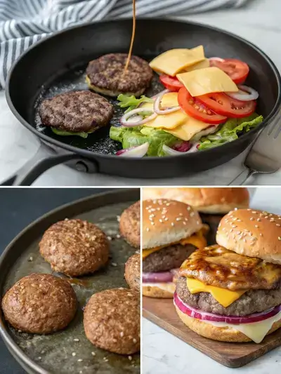 A step-by-step visual guide to preparing a 2 cheeseburger meal, showcasing seasoned patties, melted cheese, fresh toppings, and assembled burgers.