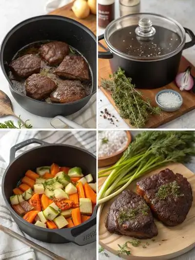 Four-step process of preparing beef cheeks, including preheating the oven, seasoning, searing, and cooking vegetables.