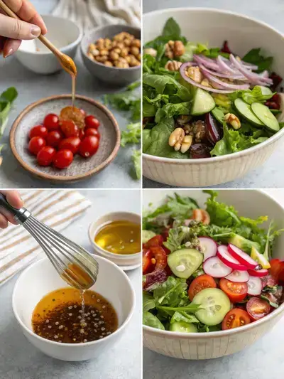 A step-by-step visual guide to making a bistro salad, showcasing the dressing, salad base, tossing, and final toppings.