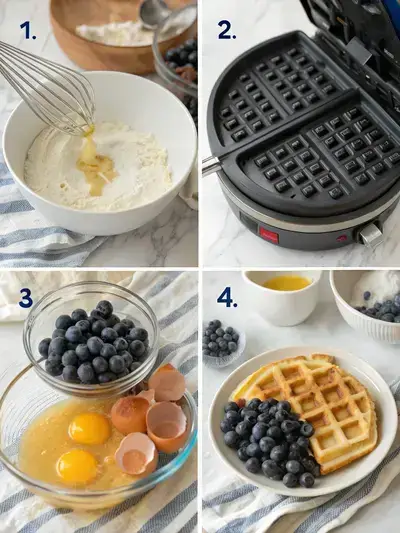 Four-step process of making blueberry waffles, including preheating the waffle iron, mixing dry ingredients, combining wet ingredients, and folding in blueberries.