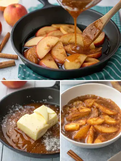 A step-by-step visual guide to making caramelized apples, showcasing melting butter, bubbling caramel, and apple slices coated in caramel sauce.