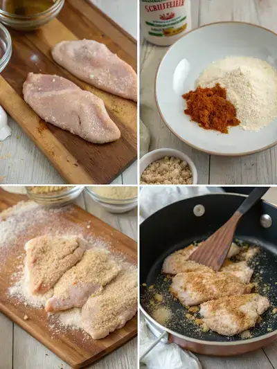 Four-step process of preparing chicken chop, including pounded chicken, seasoned flour, dredging process, and frying in a skillet.