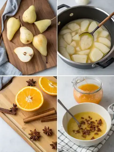 Step-by-step process of making Christmas pears, including peeling, poaching, and serving with syrup and cream.