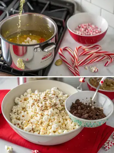 Step-by-step process of making Christmas popcorn, including heating oil, popping corn, melting chocolate, and coating popcorn with festive toppings.