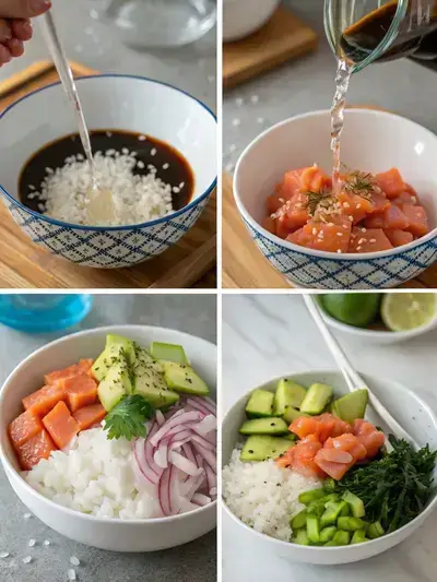 A step-by-step visual guide to preparing don poke, showcasing rinsing sushi rice, mixing marinade, marinating salmon, and assembling the final bowl.