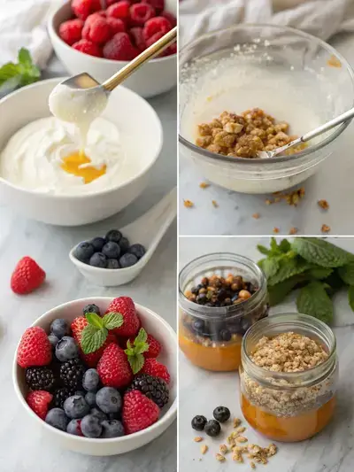 A step-by-step visual guide to making an easy healthy dessert with Greek yogurt, berries, and nuts.