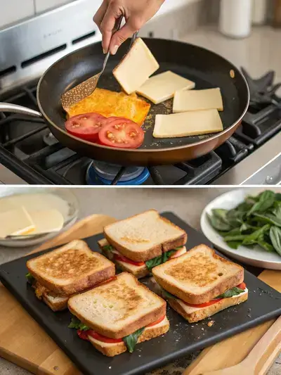 Step-by-step process of making a grilled cheese bar, including preheating the pan, buttering bread, assembling sandwiches, and grilling them to perfection.