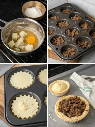 A step-by-step visual guide to making an Australian meat pie, showcasing the preparation and assembly process.