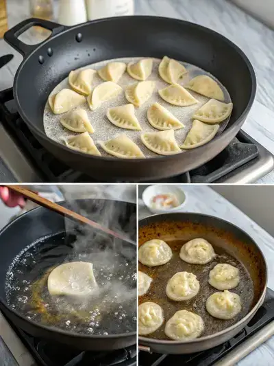 Step-by-step process of making the best frozen dumplings, including heating oil, arranging dumplings, cooking until golden brown, and steaming.
