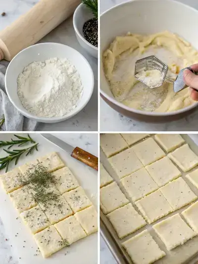 A step-by-step visual guide to making cracker snacks, showcasing the mixing of dry ingredients, cutting in butter, rolling out dough, and cutting cracker shapes.