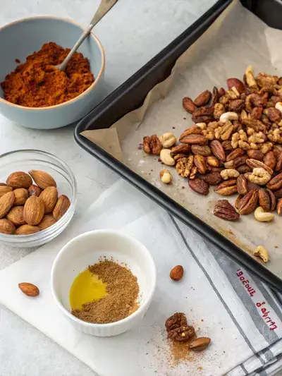 Four-step process of making spicy nuts, including preheating the oven, coating nuts with olive oil, preparing a spice mix, and baking the nuts.