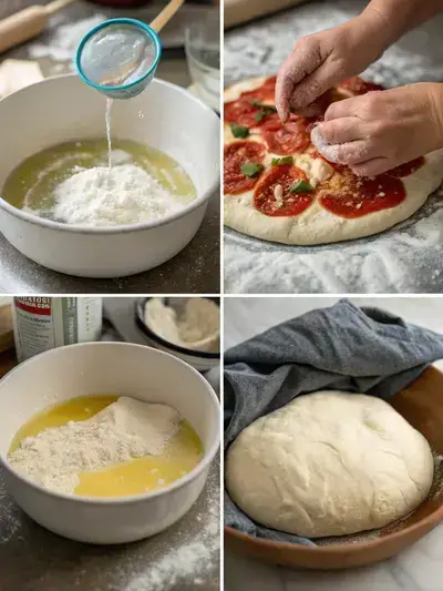 Step-by-step process of making handmade pan pizza, including combining ingredients, kneading dough, letting it rise, and shaping it in a pan.