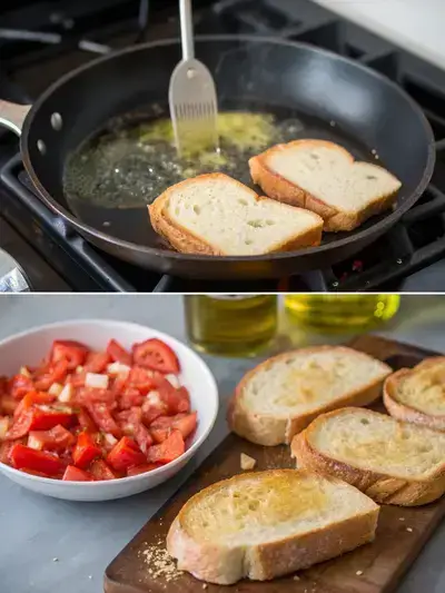 Step-by-step preparation of Italian toast, including heating a skillet, brushing bread with olive oil, toasting bread, and preparing a fresh tomato mixture.