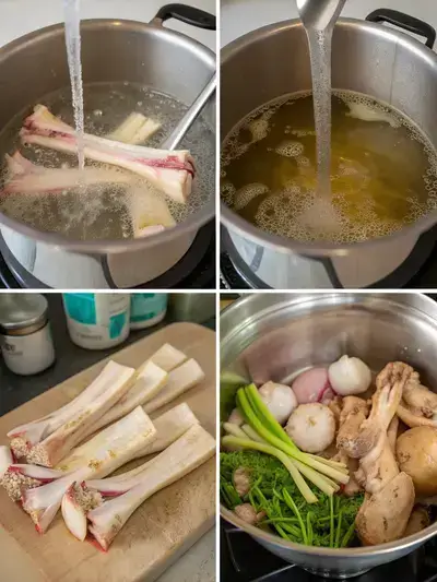 A step-by-step visual guide to making korean bone broth, showcasing rinsing bones, blanching, combining ingredients, and straining the broth.