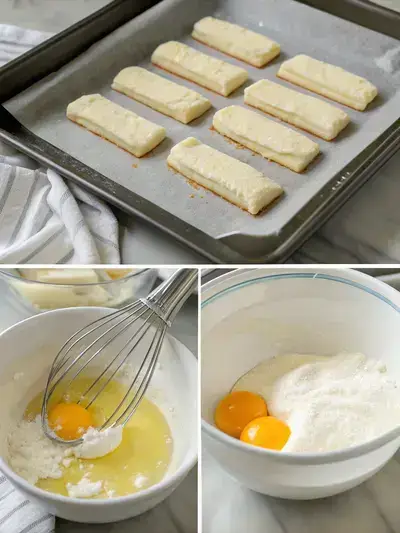 Step-by-step process of making lady fingers, including preheating the oven, beating egg whites, whisking egg yolks, and folding mixtures.