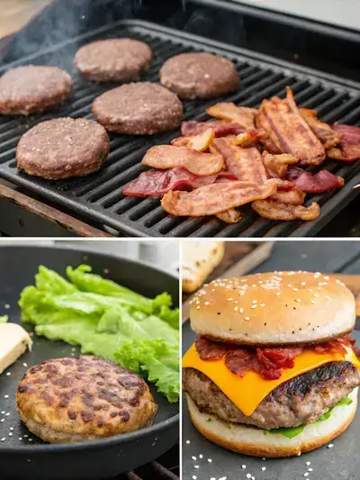 A step-by-step visual guide to making loaded burgers, featuring grilling, cooking bacon, and assembling the burger with fresh toppings.