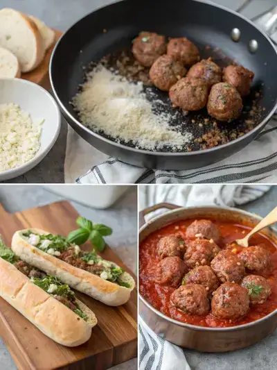 A step-by-step visual guide to making a meatball sub, showcasing the mixing of ingredients, browning meatballs, simmering in sauce, and the final assembled sub.