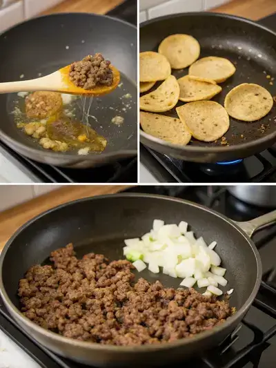 Step-by-step preparation of mini tacos, including heating oil, cooking onions, browning beef, and warming taco shells.