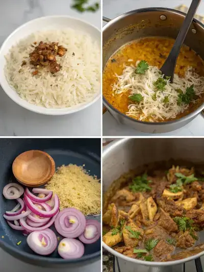 Step-by-step preparation of mutton biryani, showcasing rice soaking, sautéing spices, cooking onions, and layering rice over mutton.