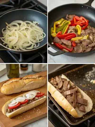A step-by-step visual guide to making a Philly Cheesesteak, showcasing the cooking process from sautéing vegetables to filling hoagie rolls.