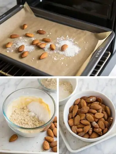 Four-part image showing the process of making salt and vinegar almonds, including preheating the oven, mixing the coating, coating the almonds, and baking them.