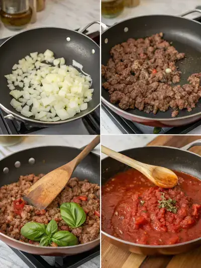 Four-step process of making ragu pasta sauce, including heating oil, sautéing aromatics, browning beef, and adding tomatoes and herbs.