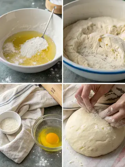 Step-by-step process of making rustic pizza, including dissolving yeast, mixing dough, kneading, and letting it rise.