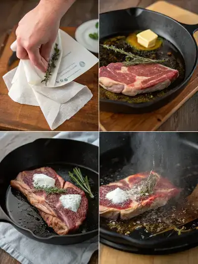 Four-step process of preparing shoulder steak, including patting dry, seasoning, heating the pan, and searing with herbs.