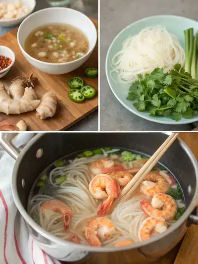 A step-by-step visual guide to making shrimp pho, showcasing soaking noodles, preparing broth, assembling bowls, and serving the dish with fresh toppings.