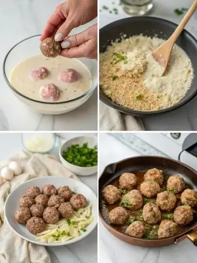 Four-step process of making Swedish meatballs, including soaking breadcrumbs, mixing ingredients, shaping meatballs, and browning in a skillet.