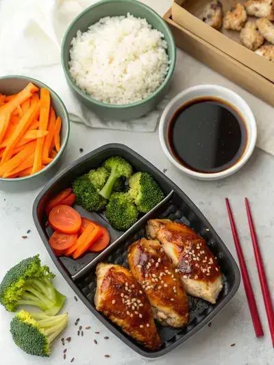 Step-by-step preparation of teriyaki bento, showcasing ingredients, marinated chicken, cooking process, and final bento arrangement.