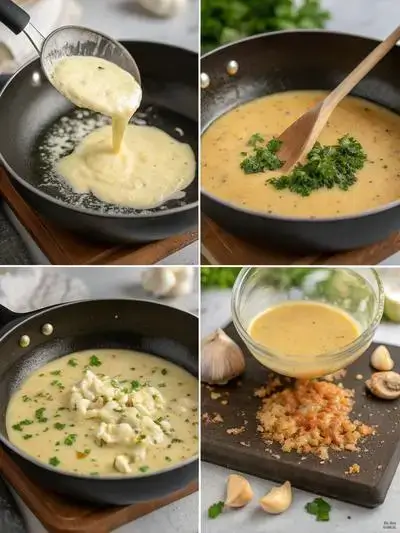 A visual representation of the steps to make cajun cream sauce, including melted butter, sautéed shallots, garlic with Cajun seasoning, and the final creamy sauce.