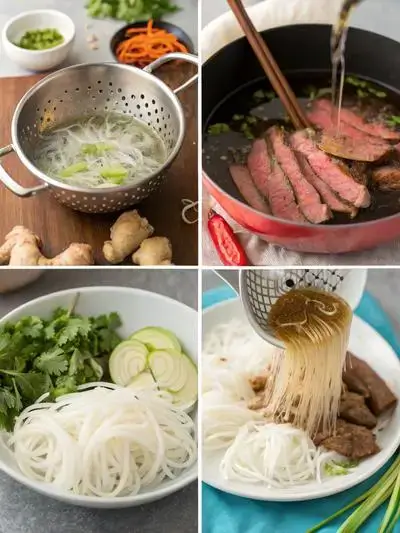 A visual representation of the steps to prepare pho and rice, showcasing soaking noodles, rinsing rice, preparing broth, and serving the final dish.