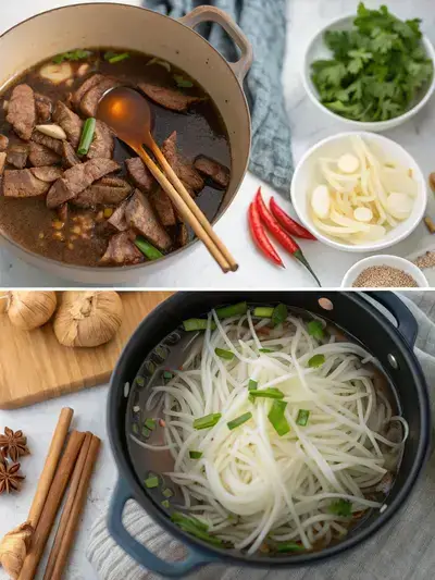 Visual representation of super pho preparation, showcasing charred ingredients, simmering broth, blanched noodles, and a beautifully presented bowl of super pho.