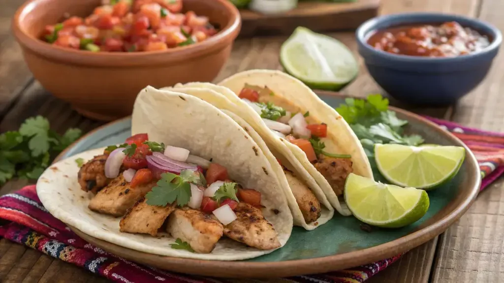 Delicious tacos de pollo with seasoned chicken, onions, cilantro, and lime on a wooden table.
