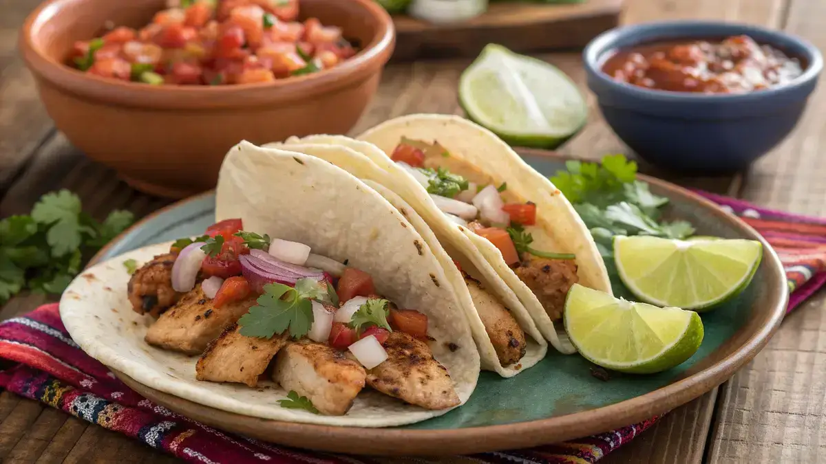 Delicious tacos de pollo with seasoned chicken, onions, cilantro, and lime on a wooden table.