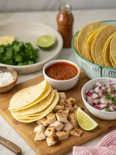 Ingredients for tacos de pollo displayed on a kitchen table, including tortillas, chicken, spices, and fresh toppings.