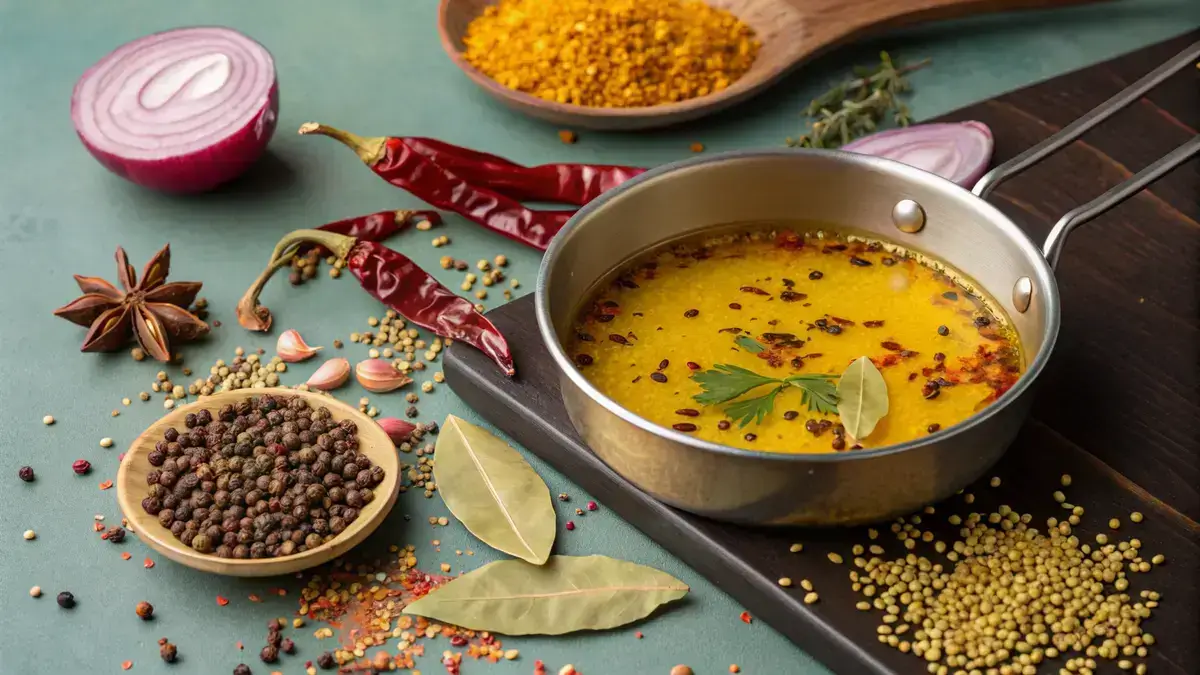 A pan with sizzling oil and spices representing Indian tadka preparation.