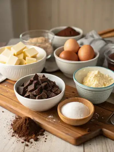 Ingredients for truffle cake displayed on a rustic kitchen table.
