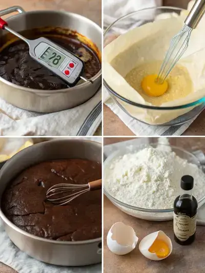 Step-by-step preparation of a truffle cake, showcasing melting chocolate, whisking eggs, and combining ingredients.