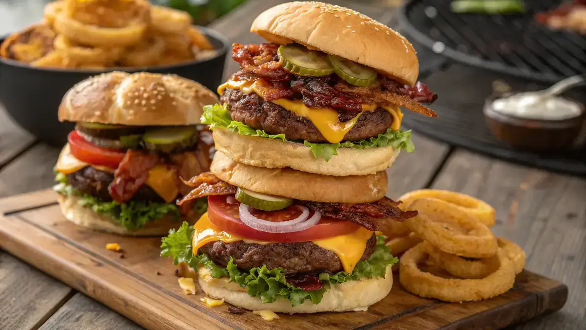 A delicious loaded burger with beef patty, bacon, cheese, and fresh toppings on a wooden table.