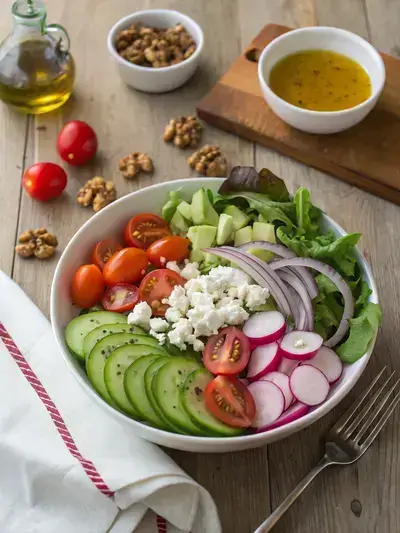 A colorful assortment of fresh ingredients for a bistro salad on a wooden table.